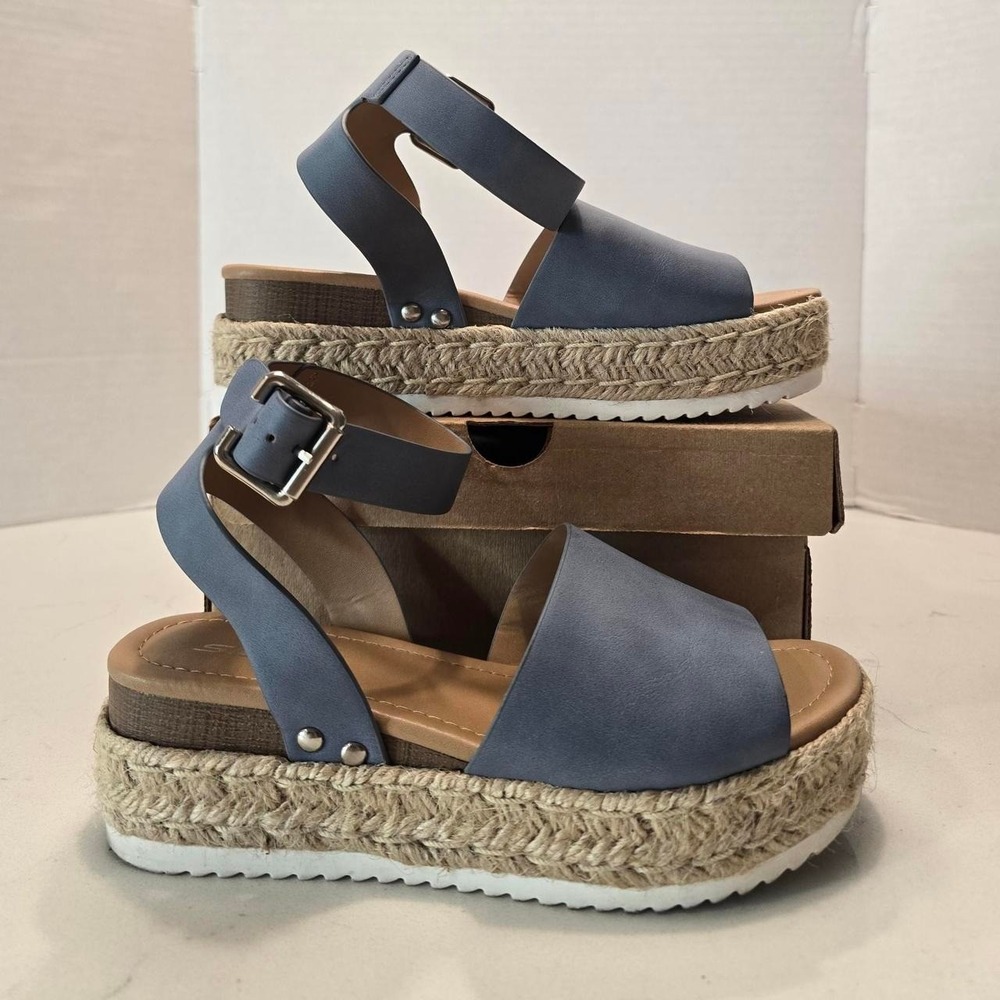 Soda Women Wedge Sandals Open Toe Ankle Strap Flatform Espadrilles Blue - 6 US